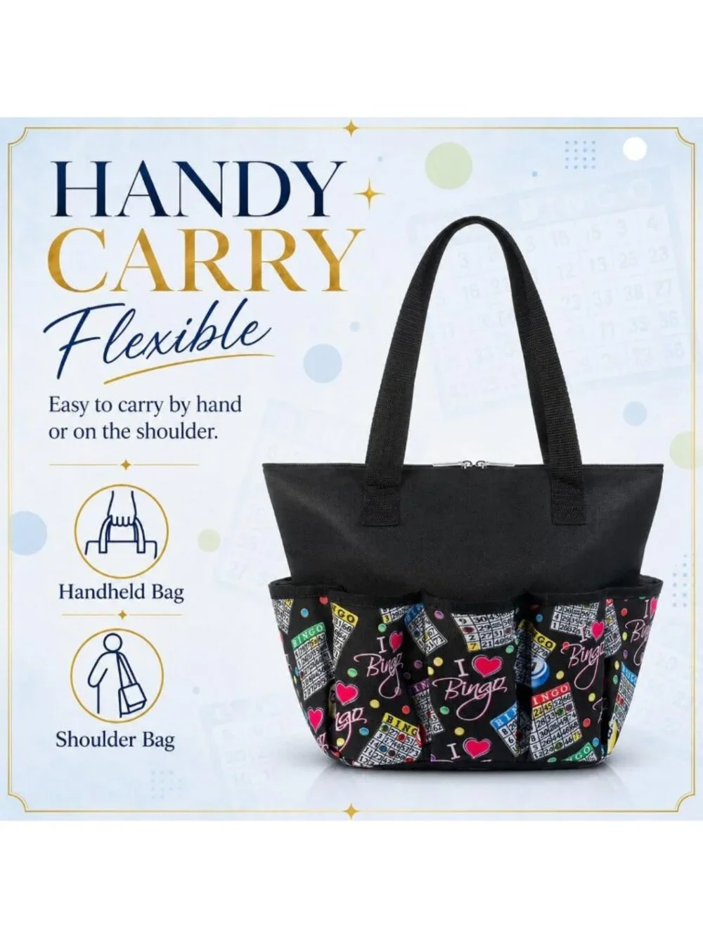 Stylish Black Pattern Tote Bag with 10 Pockets for Bingo Daubers & Accessories